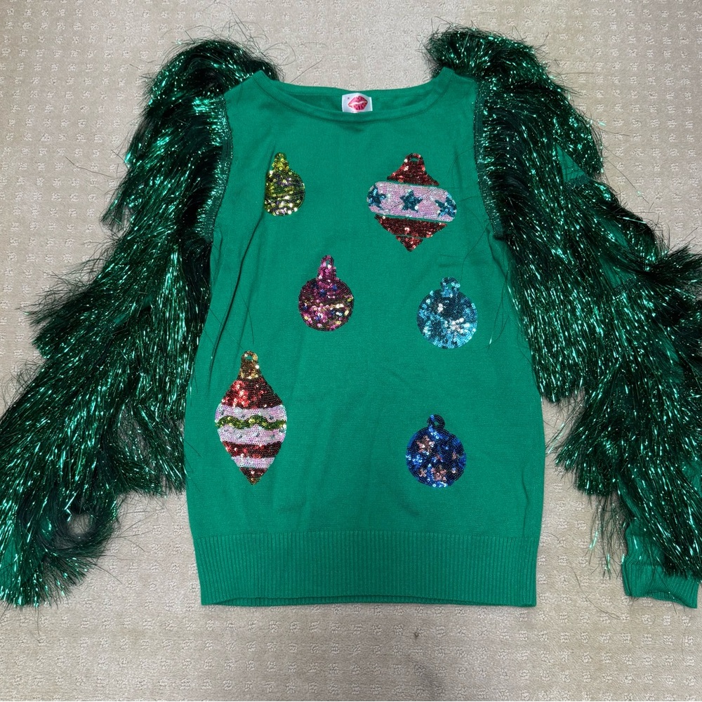 Festive Green Christmas Sweater with Sequin Ornaments